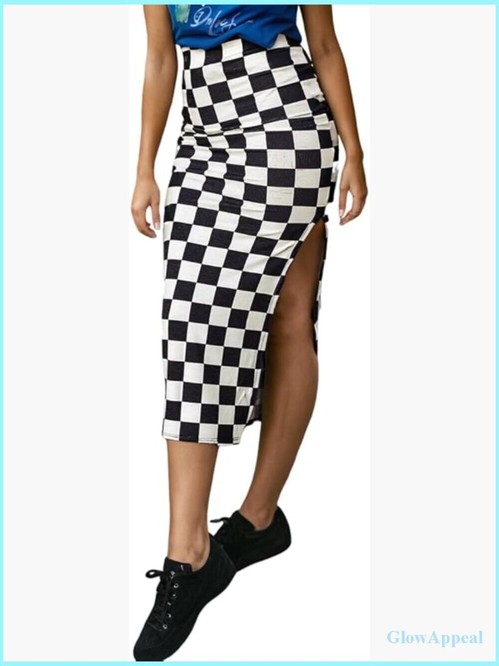 Checkered Slit Midi Skirt High Waisted Bodycon Skirt for Women